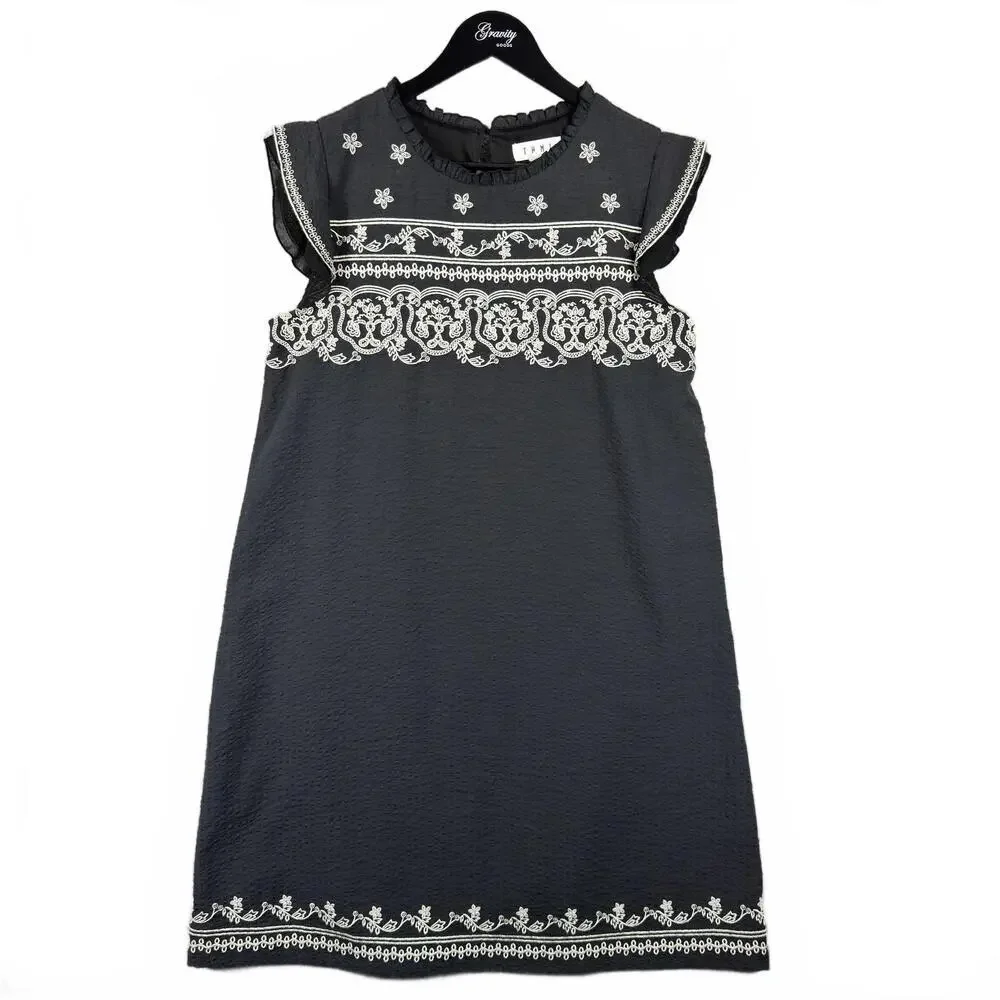 THML Black Embroidered Sleeveless Mini Dress Tunic‎ Ornate Boho Lined Sz Medium
